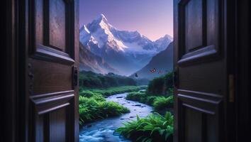 Snowy Mountain Peak Visible Through Open Door with Flowing River photo
