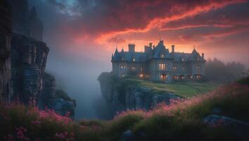Grand Chateau on Cliffside at Sunset with Pink Flowers and Fog photo