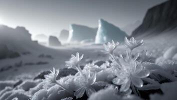 Ice Flowers Bloom in Frozen Landscape with Mountains and Snow photo