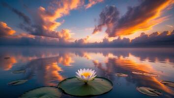 Water Lily Floating on Lake Reflecting Clouds at Dramatic Sunset photo