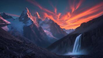 Majestic Snow-capped Mountains with Waterfall and Dramatic Sunset Sky photo