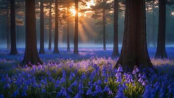 Bluebells Blooming in Forest As Sunlight Streams Through the Trees photo
