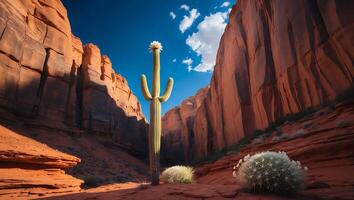 Blooming Cactus in Red Rock Canyon Desert Under a Clear Blue Sky photo
