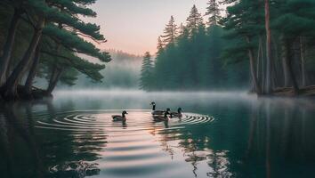 Ducks Swimming on Misty Lake at Dawn Surrounded by Forest photo