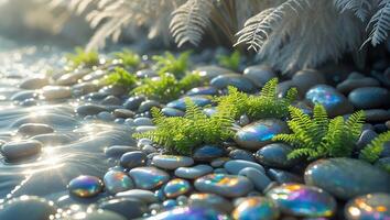 Water Flowing Over Smooth Stones with Ferns and Soft Sunlight photo
