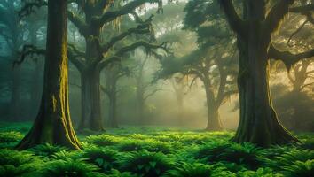 Exploring Foggy Forest with Lush Ferns and Ancient Mossy Trees photo