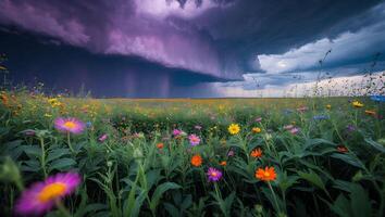 Field of Flowers Under a Dramatic Storm Cloud Landscape photo