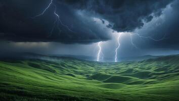 Dramatic Lightning Strikes Across Lush Green Hills Under Ominous Storm Clouds photo