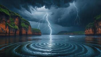 Lightning Strikes Over Calm Waters Surrounded by Green Cliffs Landscape photo