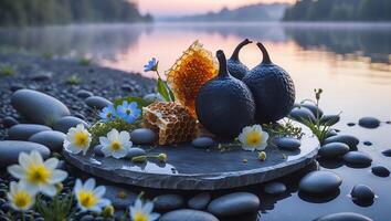 Honeycomb with Black Fruit on Stone by Lake Peaceful Still Life photo
