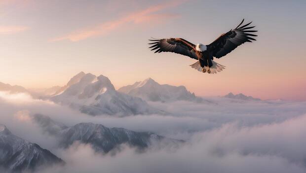 Eagle Soaring Above Misty Mountain Range During a Serene Dawn photo