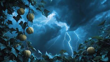 Lightning Strikes During Stormy Night Sky with Branch and Leaf Silhouettes photo