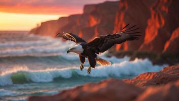 Eagle Soaring Near Ocean Coastline at Sunset with Dramatic Lighting photo