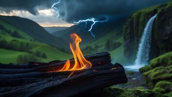 Burning Log with Waterfall and Lightning Backdrop Showcasing Natural Contrast photo