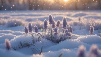 Blooming Flowers Through Snowdrift Illuminated by Warm Sunlight During Winter photo