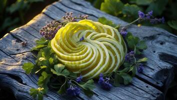 Arranged Sliced Food on Wood with Purple Flowers and Greenery photo