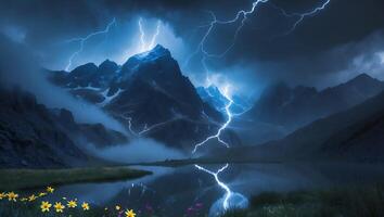 Lightning Storm Over Mountain Lake with Flowers and Dramatic Sky photo