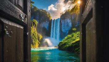 Waterfall Scene Through Open Door Offering a Glimpse Into Nature photo