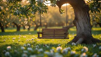 A swing sitting in a tree under a tree photo
