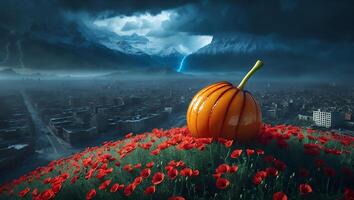 Pumpkin Field Overlooking Cityscape with Mountains and Lightning Scenery photo