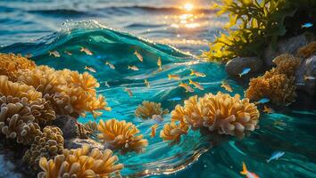 Swimming Small Fish in Ocean with Coral and Sunlight Reflection photo