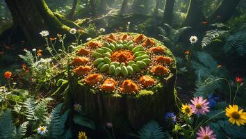 Arrangement of Food on Mossy Tree Stump in Natural Setting photo