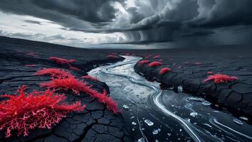 Water Flowing Through Cracked Earth Under Stormy Dramatic Sky photo
