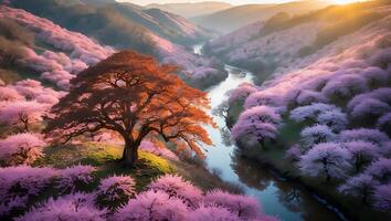Scenic Landscape with Flowering Trees and River at Golden Hour photo