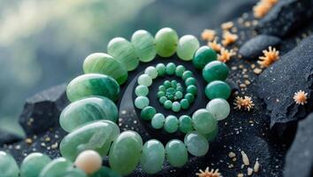 Arrangement of Green Beads in a Spiral on Dark Surface photo