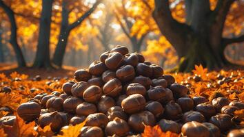 Pile of Chestnuts in an Autumnal Forest with Fallen Leaves photo
