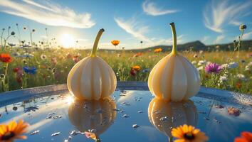 Two Unique Vegetable Reflection in Water with Meadow Landscape Backdrop photo