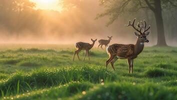 Deer Grazing in Meadow at Dawn with Fog and Sunlight photo