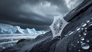 Cobweb on Dark Rock with Icebergs Landscape and Overcast Sky photo
