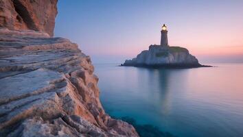 Lighthouse on Island at Dusk with Rock Cliff Overlooking Ocean photo