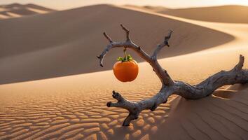 Orange Fruit Hanging on Bare Branch in Arid Desert Landscape photo