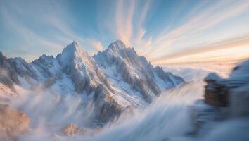 Snowy Mountain Peaks Rising Above Mist with Dramatic Sky at Sunset photo