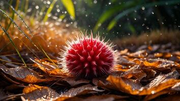 Red Spiky Sphere on Fallen Leaves with Water Droplets Sparkling photo