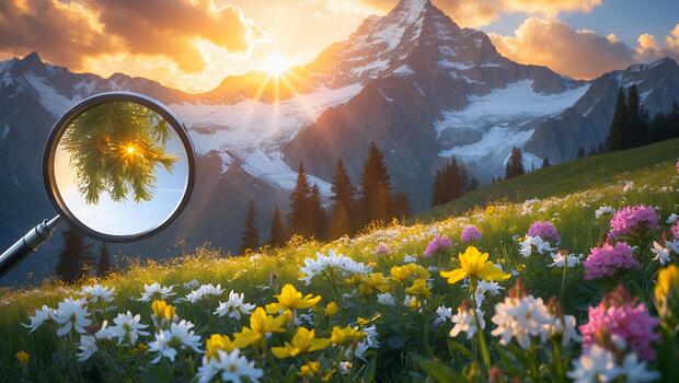 Exploring Mountain Landscape with Magnifying Glass Focusing on Pine Branch photo