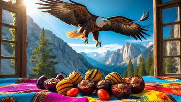 Eagle Flying Above Fruit Still Life with Mountain Background From Window photo