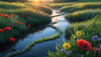 River Flowing Through a Vibrant Meadow at Sunrise with Wildflowers photo