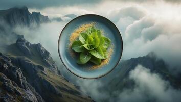 Lettuce on Plate with Mountain Backdrop for Sustainable Eating Concept photo