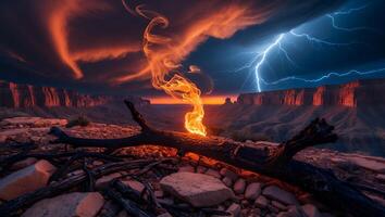 Glowing Campfire with Lightning Storm Over Canyon Landscape at Night photo