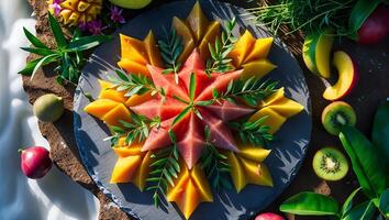 Arrangement of Tropical Fruit Slices on Slate Platter with Greens photo