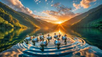 Ducks Swimming on Lake at Sunset with Mountain View photo