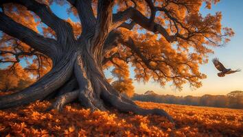 Majestic Old Tree with Orange Leaves and Eagle Flying at Sunset photo