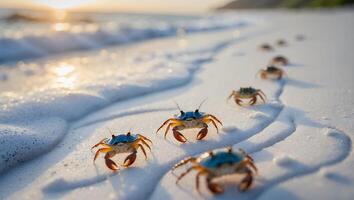 Crabs Walking on Sandy Beach Near Sea Waves at Sunset photo