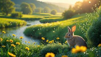 Rabbit Sitting in Meadow by Stream with Wildflowers at Sunrise photo