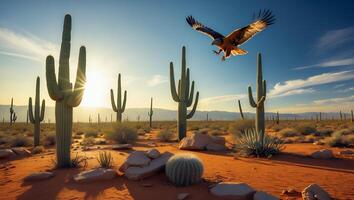 Hawk Flying Over Desert Landscape with Cactus and Clear Blue Sky photo
