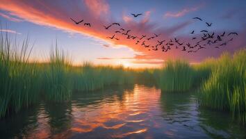 Flock of Birds Flying Over Marsh at Sunset with Water Reflection photo