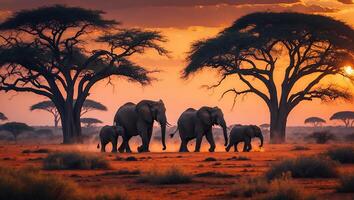 Elephants Walking Across the African Savanna at Sunset in Golden Light photo